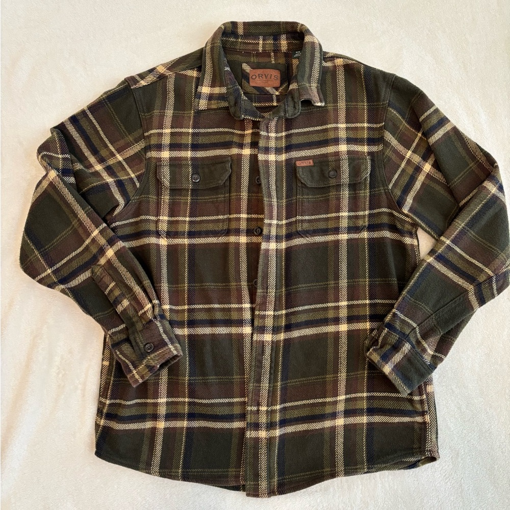 Orvis Men's Green and Brown Plaid Shirt Jacket with Pockets